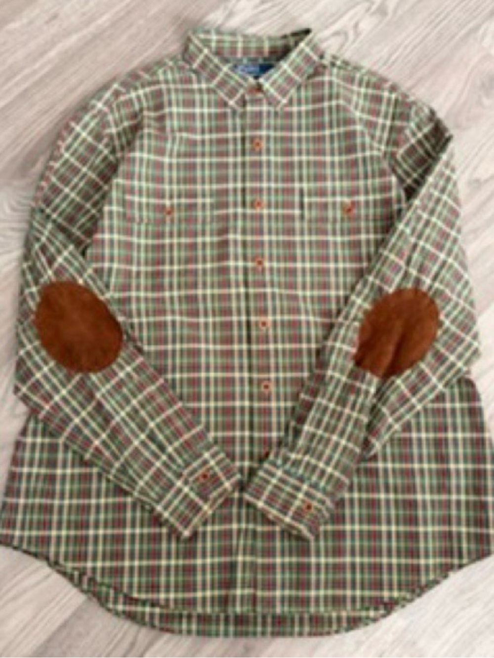 Ralph Lauren Green Plaid Button-Down Shirt with Brown Elbow Patches